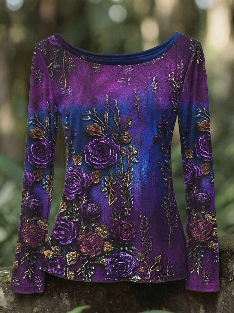 Women's Retro 3D Floral Embroidery Gradient Pattern Round Neck Long Sleeve T-shirt