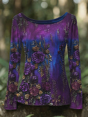 Women's Retro 3D Floral Embroidery Gradient Pattern Round Neck Long Sleeve T-shirt