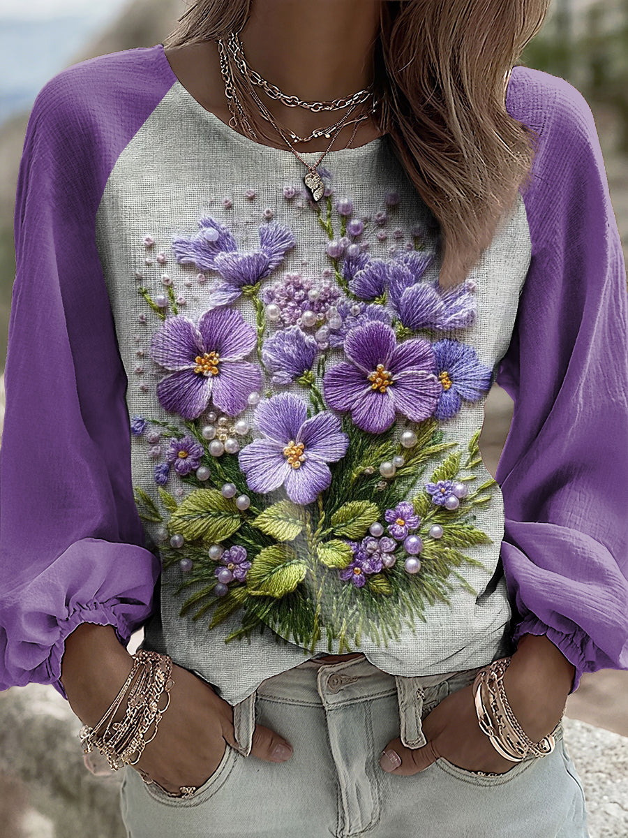 Women's Purple Flora Art Print V-neck Dress