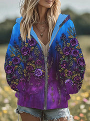 Women's Retro 3D Floral Embroidery Gradient Pattern Hooded Zipper Oversized Cardigan