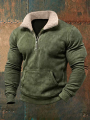 Herren Retro Reine Farbe Pelz kragen lässig Reiß verschluss Sweatshirt