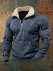 Herren Retro Reine Farbe Pelz kragen lässig Reiß verschluss Sweatshirt