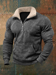 Herren Retro Reine Farbe Pelz kragen lässig Reiß verschluss Sweatshirt