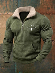 Herren Retro Western Bull Skull Print Pelz kragen lässig Reiß verschluss Sweatshirt