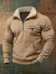 Herren Retro Western Bull Skull Print Pelz kragen lässig Reiß verschluss Sweatshirt
