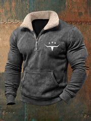 Herren Retro Western Bull Skull Print Pelz kragen lässig Reiß verschluss Sweatshirt