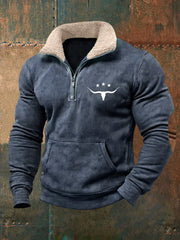 Herren Retro Western Bull Skull Print Pelz kragen lässig Reiß verschluss Sweatshirt
