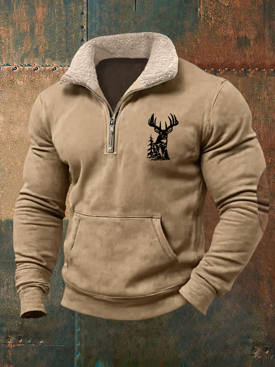 Herren Retro Western Hirsch geweih Print Pelz kragen lässig Reiß verschluss Sweatshirt