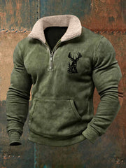 Herren Retro Western Hirsch geweih Print Pelz kragen lässig Reiß verschluss Sweatshirt