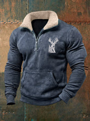 Herren Retro Western Hirsch geweih Print Pelz kragen lässig Reiß verschluss Sweatshirt