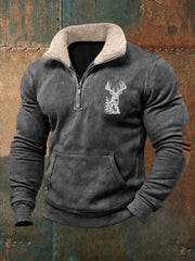 Herren Retro Western Hirsch geweih Print Pelz kragen lässig Reiß verschluss Sweatshirt