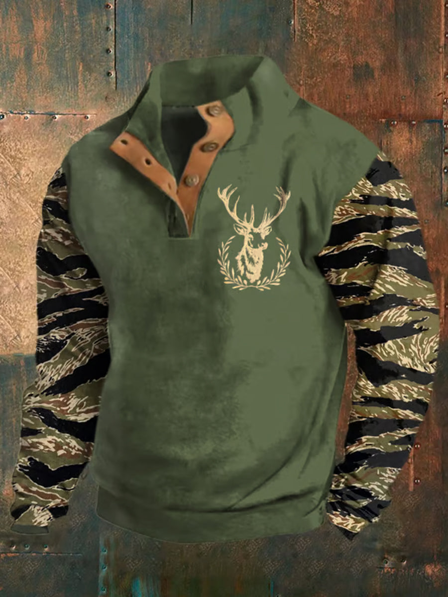 Herren Retro Western Deer Head Leopard Print Casual Button Sweatshirt