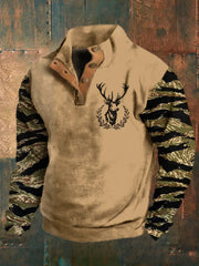 Herren Retro Western Deer Head Leopard Print Casual Button Sweatshirt