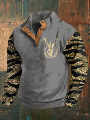 Herren Retro Western Deer Head Leopard Print Casual Button Sweatshirt
