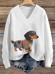 Damen Herbst Hund Kunstdruck Langarm V-Ausschnitt Imitation Pullover