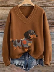 Damen Herbst Hund Kunstdruck Langarm V-Ausschnitt Imitation Pullover