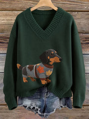 Damen Herbst Hund Kunstdruck Langarm V-Ausschnitt Imitation Pullover