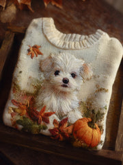 Damen Herbst Hund Stickerei Raglan Print Strick pullover