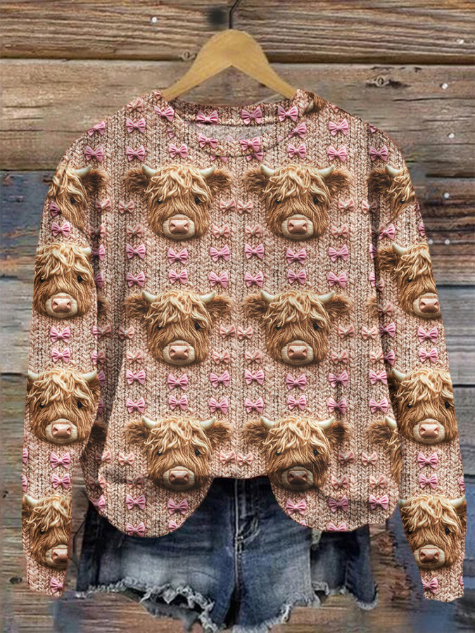Frauen gestrickte Imitation Stickerei Nahtlose 3D niedliche Highland Kuh Pullover Pullover