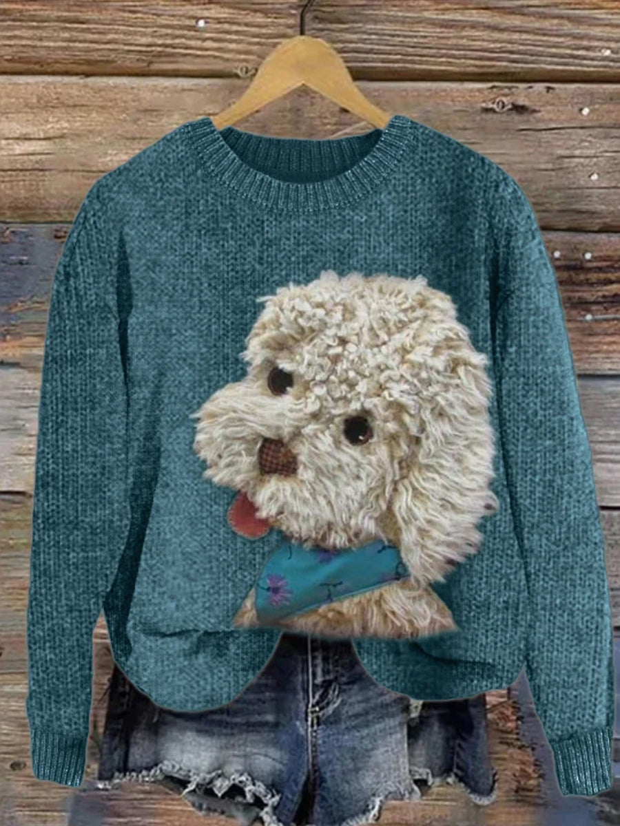 Damen Fuzzy Dog Plüsch Patchwork Strick pullover