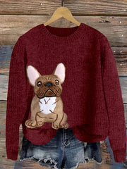 Damen niedliche französische Bulldogge Applique Stickerei Hund Kunst Gemütlicher Pullover