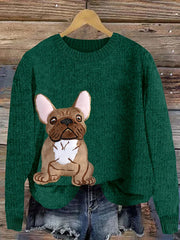 Damen niedliche französische Bulldogge Applique Stickerei Hund Kunst Gemütlicher Pullover