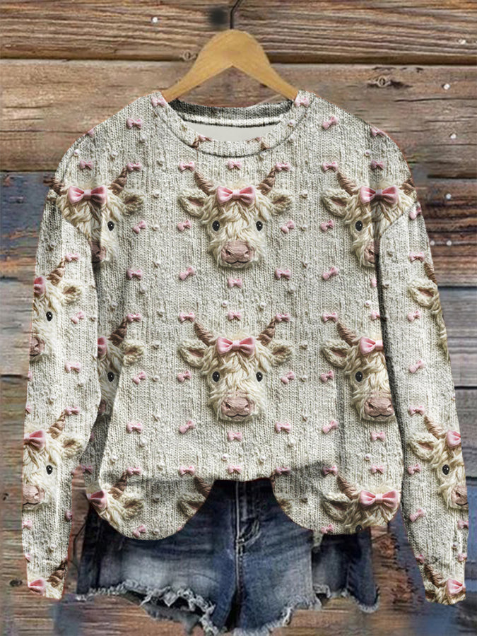 Frauen gestrickte Imitation Stickerei Nahtlose 3D niedliche Highland Kuh Pullover Pullover