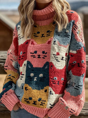 Damen bunte Katze bestickte Kunst Gemütliche gestrickte Roll kragen pullover