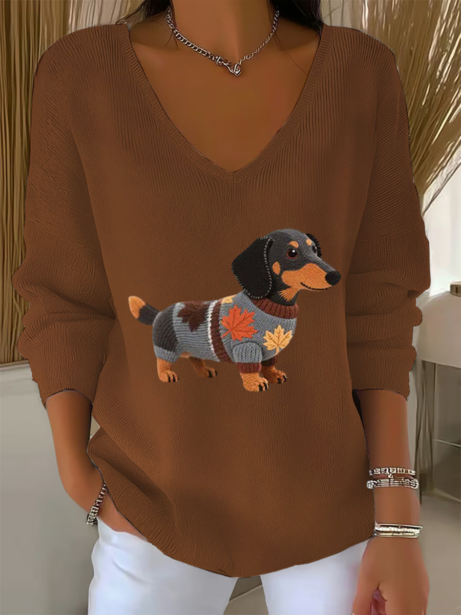 Frauen Herbst Hund Kunstdruck V-Ausschnitt gerippt Top