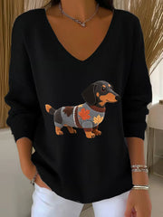 Frauen Herbst Hund Kunstdruck V-Ausschnitt gerippt Top