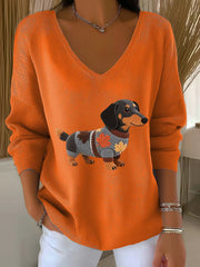 Frauen Herbst Hund Kunstdruck V-Ausschnitt gerippt Top