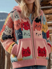 Frauen bunte Katzen-Strickjacke mit Reiß verschluss