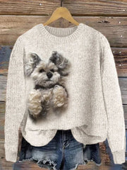 Damen niedlicher Strick-Hund mit Rundhals ausschnitt, gemütlicher Pullover