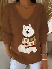 Frauen Herbst Hund Kunstdruck V-Ausschnitt gerippt Top