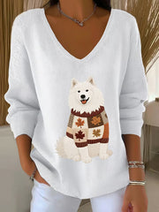 Frauen Herbst Hund Kunstdruck V-Ausschnitt gerippt Top