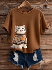 Damen-T-Shirt mit kurzen Ärmeln für Katzen kunst, O-Ausschnitt
