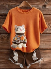 Damen-T-Shirt mit kurzen Ärmeln für Katzen kunst, O-Ausschnitt