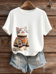 Damen-T-Shirt mit kurzen Ärmeln für Katzen kunst, O-Ausschnitt