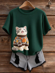 Damen-T-Shirt mit kurzen Ärmeln für Katzen kunst, O-Ausschnitt