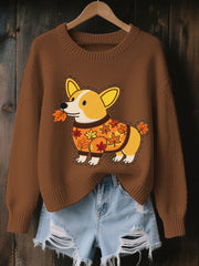 Damen-Herbst-Hunde-Kunstdruck-O-Ausschnitt-Sweatshirt mit langen Ärmeln