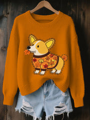 Damen-Herbst-Hunde-Kunstdruck-O-Ausschnitt-Sweatshirt mit langen Ärmeln