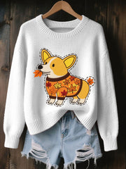 Damen-Herbst-Hunde-Kunstdruck-O-Ausschnitt-Sweatshirt mit langen Ärmeln