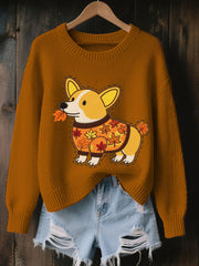 Damen-Herbst-Hunde-Kunstdruck-O-Ausschnitt-Sweatshirt mit langen Ärmeln