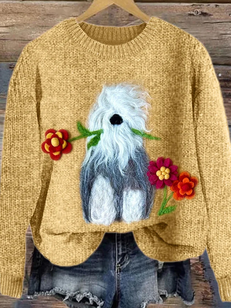 Frauen Schaf Hund mit Blumen Gemütliche Strick pullover