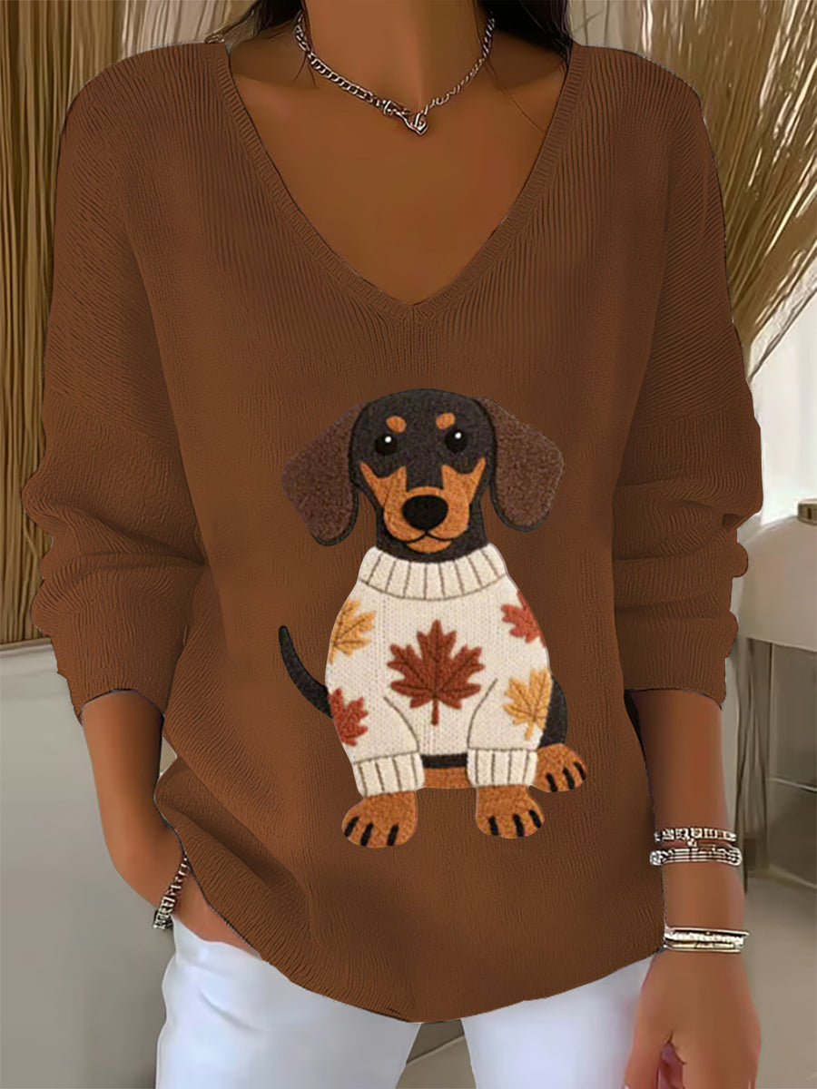Frauen Herbst Hund Kunstdruck V-Ausschnitt gerippt Top