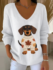 Frauen Herbst Hund Kunstdruck V-Ausschnitt gerippt Top