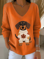 Frauen Herbst Hund Kunstdruck V-Ausschnitt gerippt Top