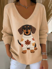 Frauen Herbst Hund Kunstdruck V-Ausschnitt gerippt Top