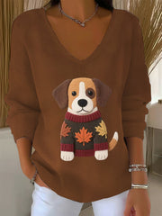 Frauen Herbst Hund Kunstdruck V-Ausschnitt gerippt Top