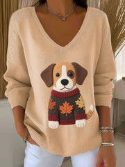 Frauen Herbst Hund Kunstdruck V-Ausschnitt gerippt Top